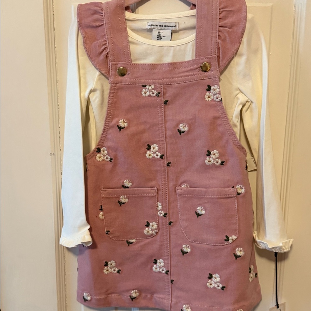 Pink Floral Pinafore Dress with White Long Sleeve